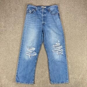 Levi's Womens Ribcage Straight Ankle Jeans 31 Blue Distressed Ripped Y2K Denim